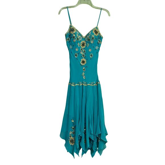 Lillie Rubin VTG Teal Silk Hankerchief Hem Embroidered Mini Dress Size 4 - Picture 1 of 13